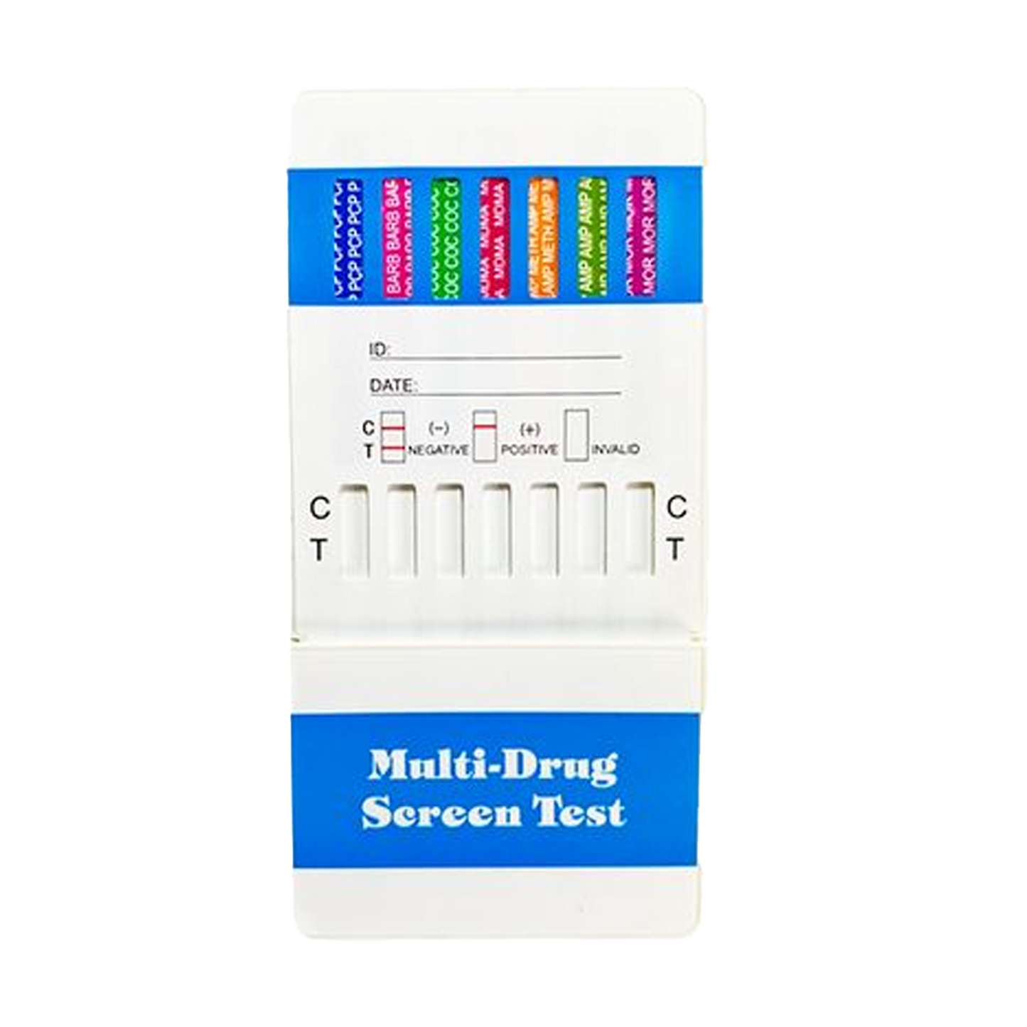 Front view of a 10-panel multi-drug urine test dip card with blue and white design, featuring color-coded panels, labeled substances, and clear control/test lines for accurate drug screening.
