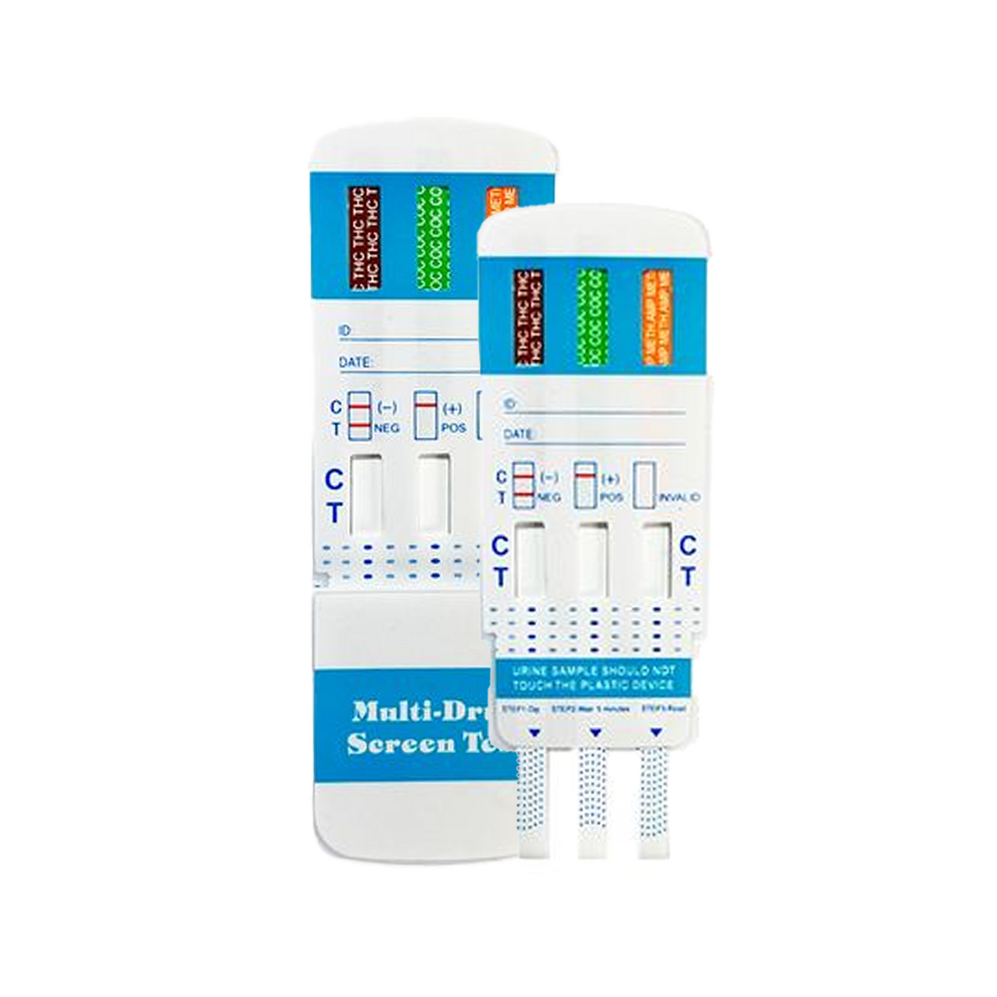 Front view of a 3-panel multi-drug urine test dip card with blue and white design, featuring color-coded panels, labeled substances, and clear control/test lines for accurate drug screening.