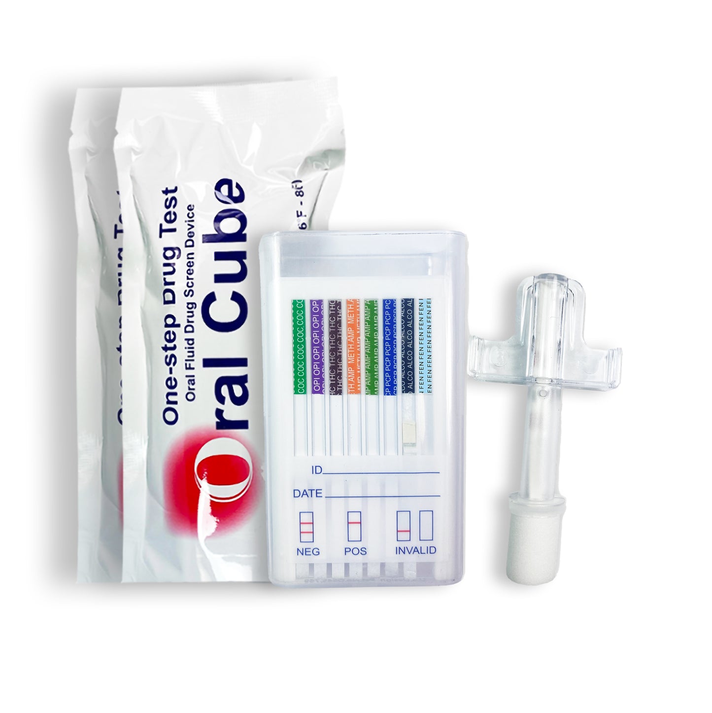 Front view of Oral Cube one-step oral fluid drug test kit showing multi-panel saliva screening device with labeled test strips, clear collection swab with sponge tip, and sealed white packaging.