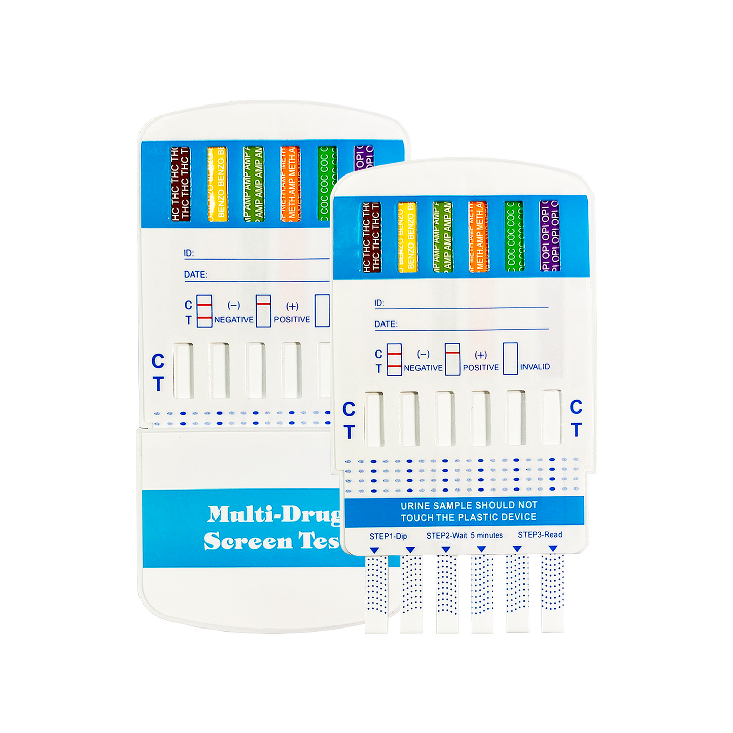 Front view of a 10-panel multi-drug urine test dip card with blue and white design, featuring color-coded panels, labeled substances, and clear control/test lines for accurate drug screening.