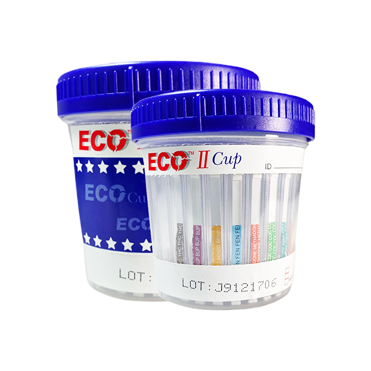 Front view of ECO II Cup urine drug test kit with secure blue screw-top lid and built-in multi-panel strips for fast and accurate screening results in workplace, clinical, or at-home settings.