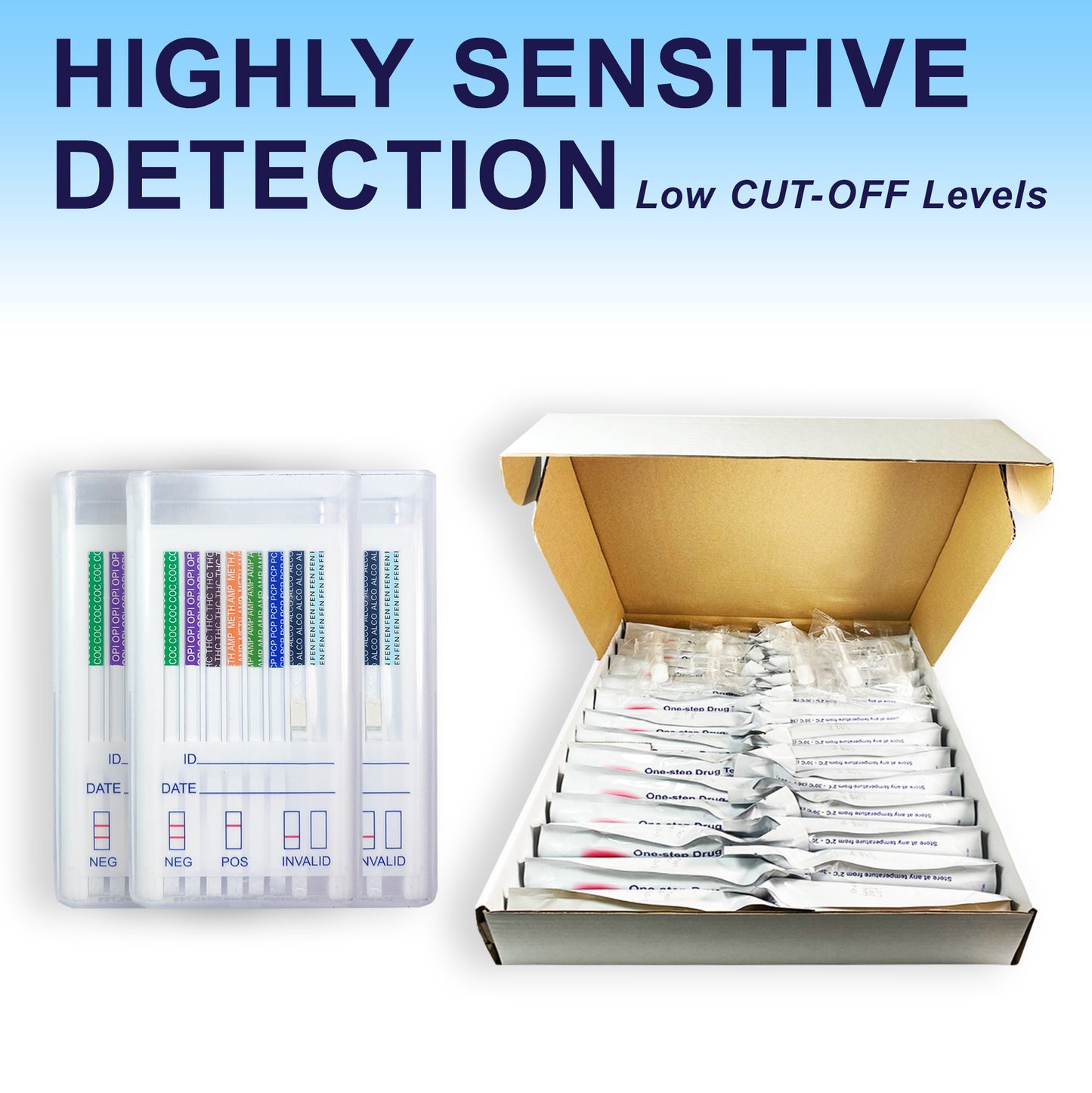 Highly sensitive Oral Cube saliva drug test kits with low cut-off levels, showing three multi-panel oral fluid screening devices with labeled strips and an open box containing individually sealed one-step oral drug test packages and swabs for bulk testing.