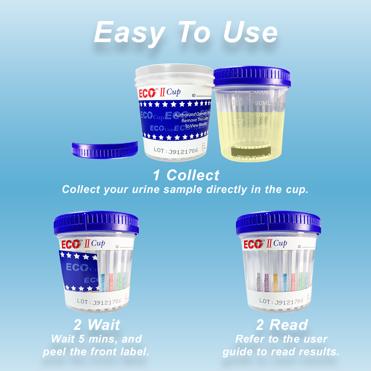 Step-by-step guide showing how to use ECO II Cup urine drug test. Collect urine sample directly in the cup, wait 5 minutes, then peel the label and read results using the built-in multi-panel strips.