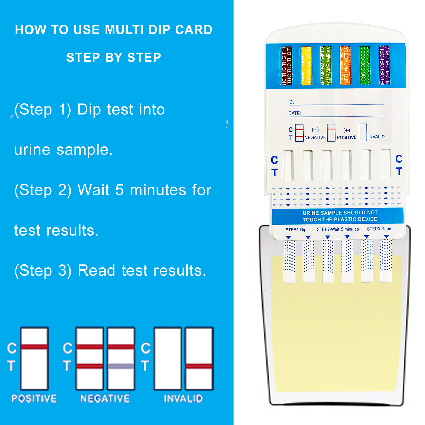 Step-by-step guide for using dip card test. Dip test into urine sample, wait 5 minutes, and read results with clear positive, negative, or invalid indicators.