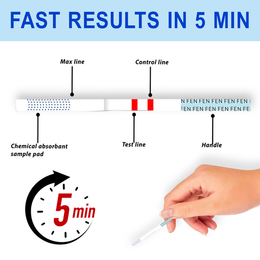 Illustration showing how to read urine drug test strip results. Results fast in just 5 minutes.