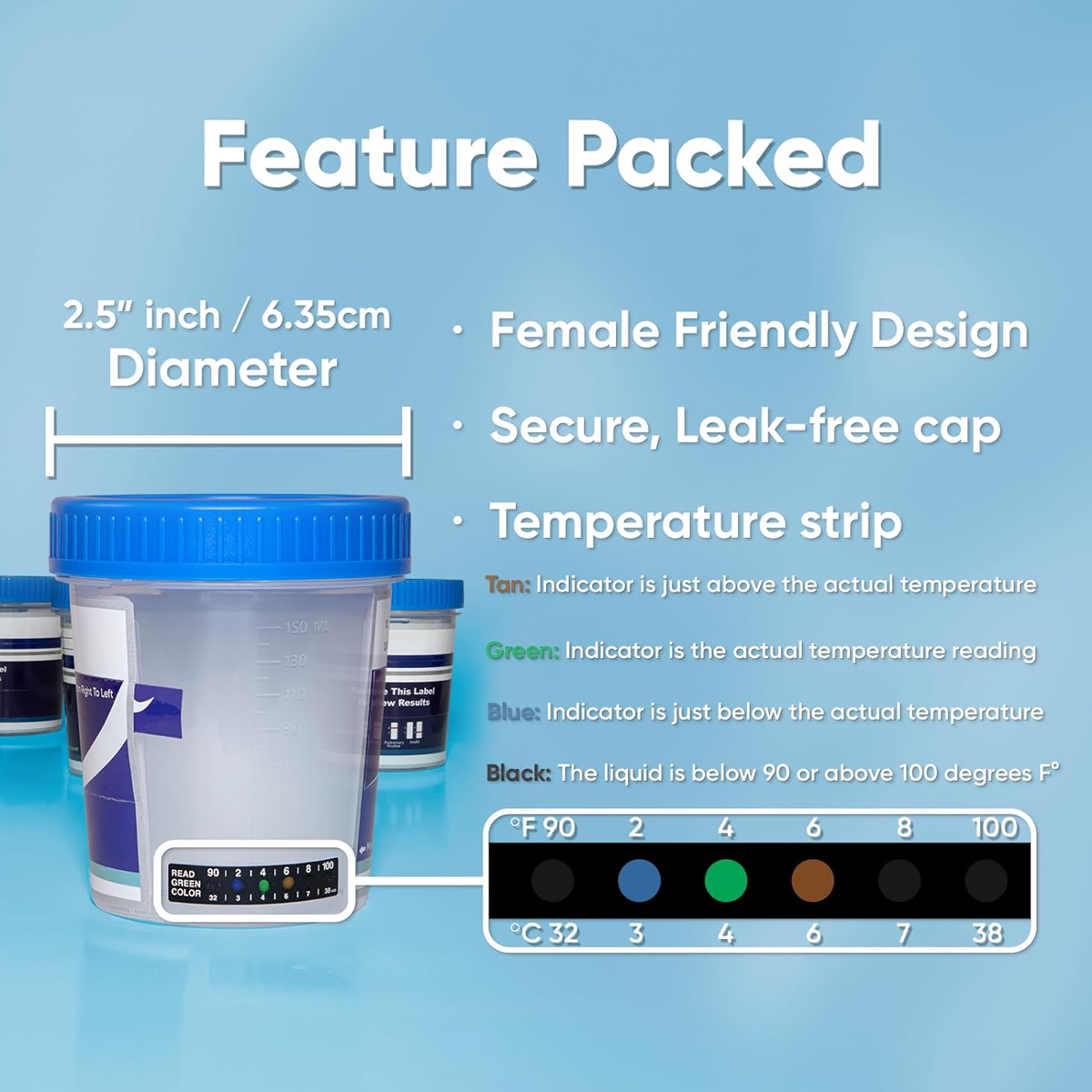 ECO II Cup urine test container with secure leak-free blue cap, female-friendly design, built-in temperature strip with color indicators, and 2.5 inch diameter for accurate and reliable sample collection.
