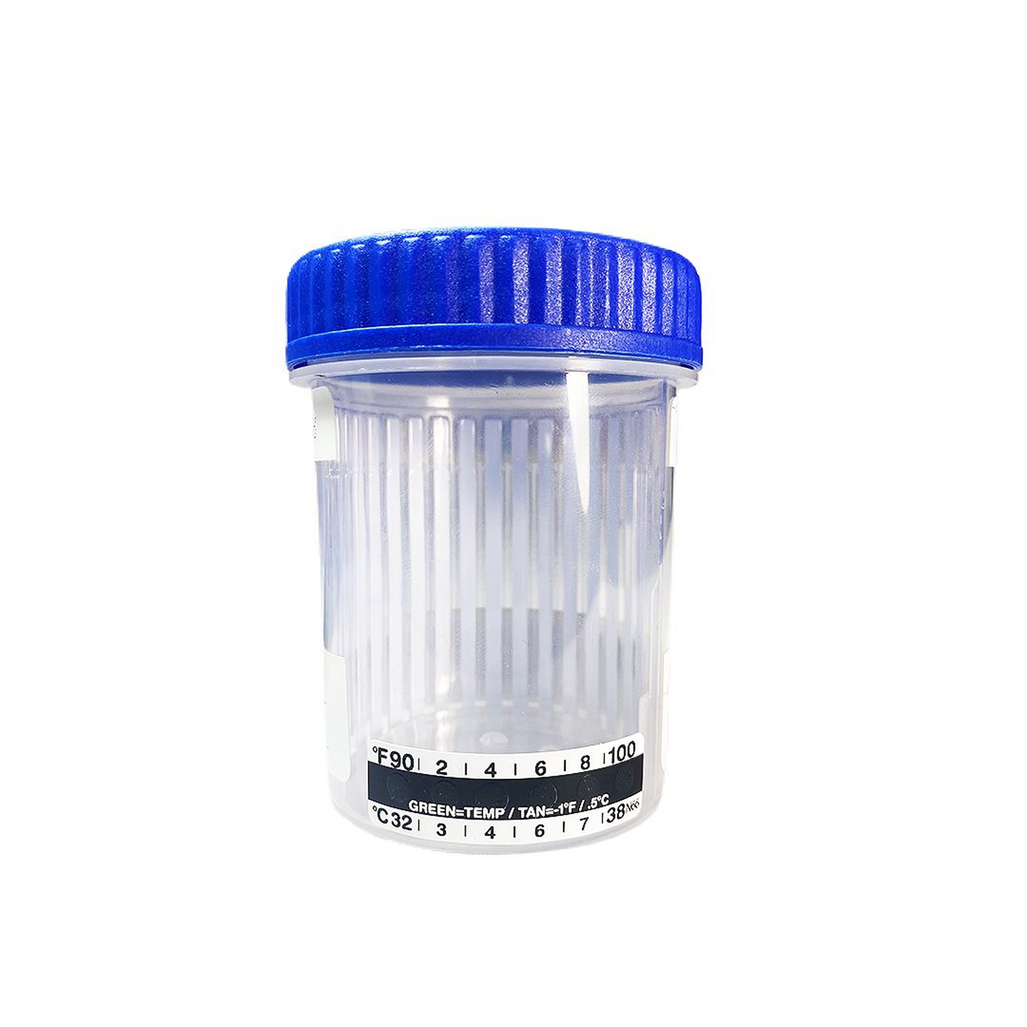 Back view of the EZ Click 12-Panel Urine Drug Test Cup with a blue cap and label that includes color indictor information.