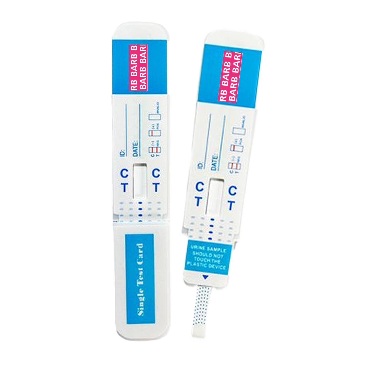 Front view of a urine drug test dip card labeled for BARB screening in blue and white design, featuring control and test lines for easy results interpretation. Ideal for workplace drug testing, clinical use, or home screening. CLIA-waived and easy to use.