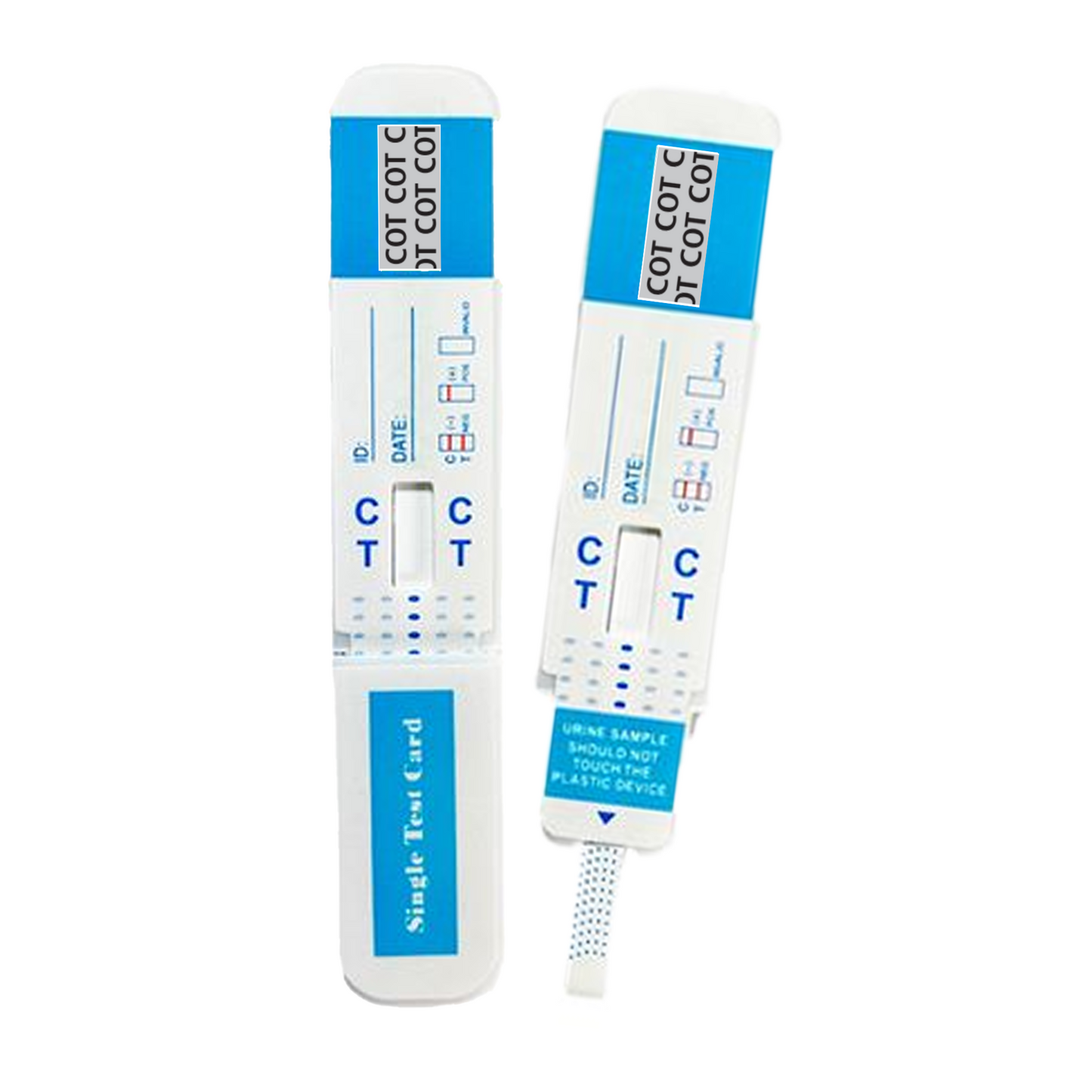 Front view of a urine drug test dip card labeled for COT screening in blue and white design, featuring control and test lines for easy results interpretation. Ideal for workplace drug testing, clinical use, or home screening. CLIA-waived and easy to use.