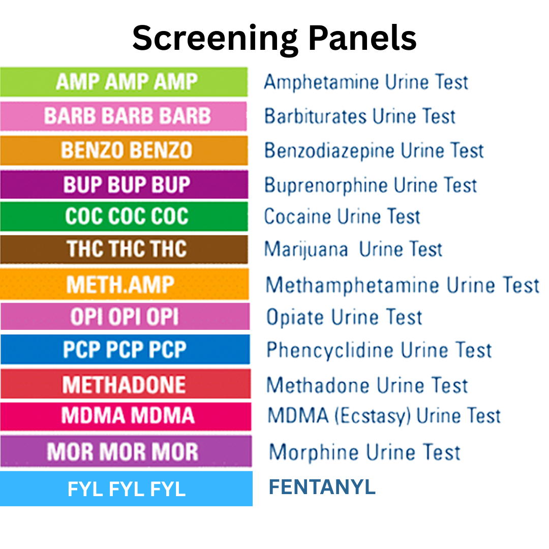 List of various urine tests with colorful labels on a white background. This test detects AMP, BARB, BENZO, BUP, COC, THC, METH.AMP, OPI, PCP, METHADONE, MDMA, MOR and FYL.