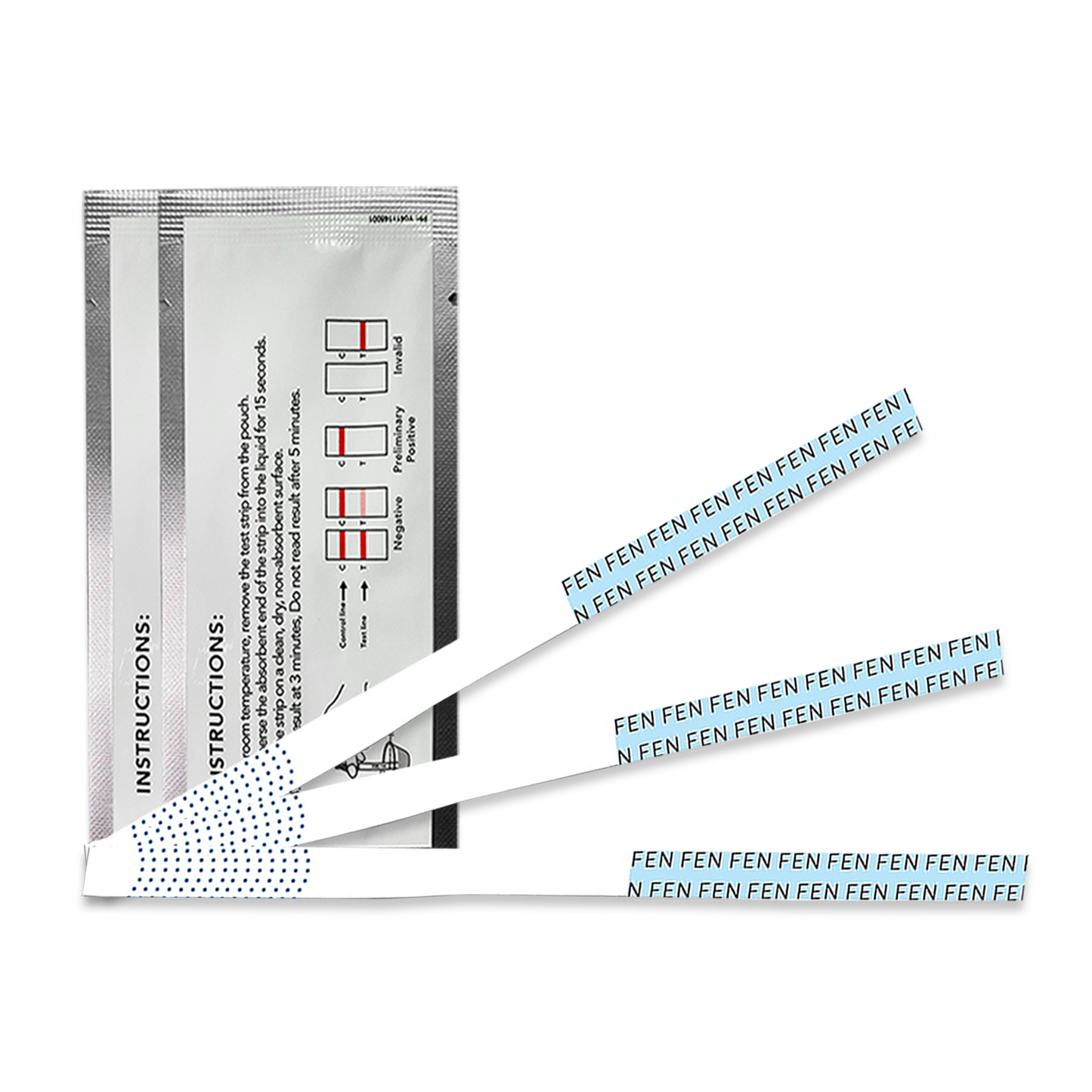 Front view of FEN single-use urine test strips with clear FEN labeling, displayed with three strips and sealed packaging featuring printed instructions and result guide. Designed for detecting Fentanyl for substances in urine, powders, and pills.