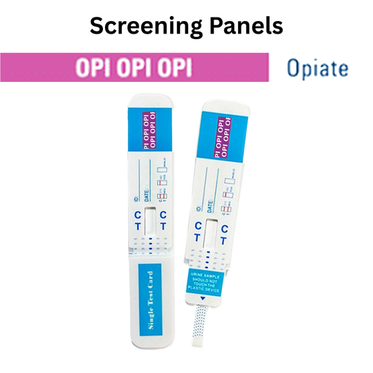 Front view of a single urine dip card labeled for OPI screening, designed for quick and reliable screening. Single-use test card with clear control and test line indicators.
