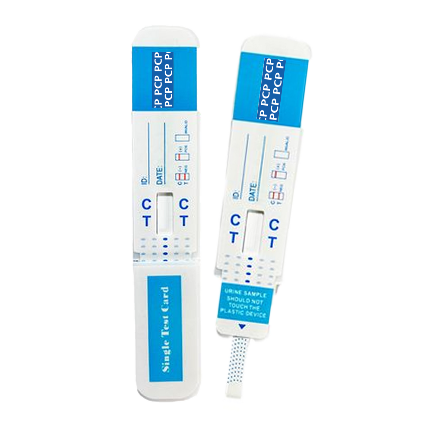 Front view of a single urine drug test dip card screening for PCP in blue and white design, featuring control and test lines for easy results interpretation. Ideal for workplace drug testing, clinical use, or home screening. CLIA-waived and easy to use.
