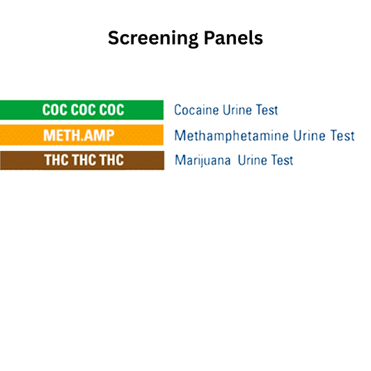 Three colored bars labeled for different urine tests on a white background. Panels listed are COC, mAMP, and THC.