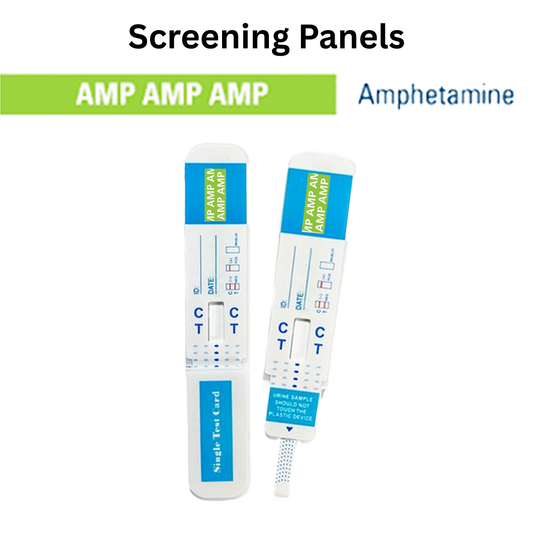 Front view of a single urine dip card labeled for AMP (Amphetamine) detection, designed for quick and reliable screening. Single-use test card with clear control and test line indicators.