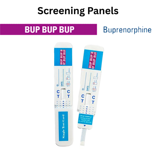 Front view of a single urine dip card labeled for BUP (Buprenorphine) screening designed for quick and reliable screening. Single-use test card with clear control and test line indicators.
