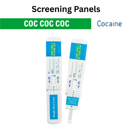Front view of a single urine dip card labeled for COC (Cocaine) detection, designed for quick and reliable screening. Single-use test card with clear control and test line indicators.