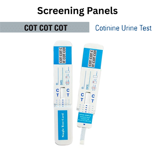 Front view of a single urine dip card labeled for COT screening, designed for quick and reliable screening. Single-use test card with clear control and test line indicators.
