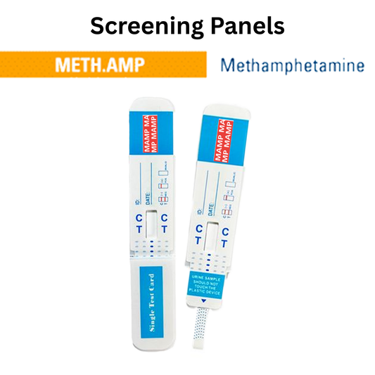 Front view of a single urine dip card labeled for METH.AMP (Methamphetamine) screening, designed for quick and reliable screening. Single-use test card with clear control and test line indicators.