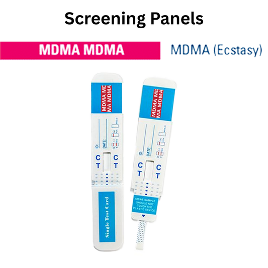 Front view of a single urine dip card labeled for MDMA (Ecstasy) screening, designed for quick and reliable screening. Single-use test card with clear control and test line indicators.