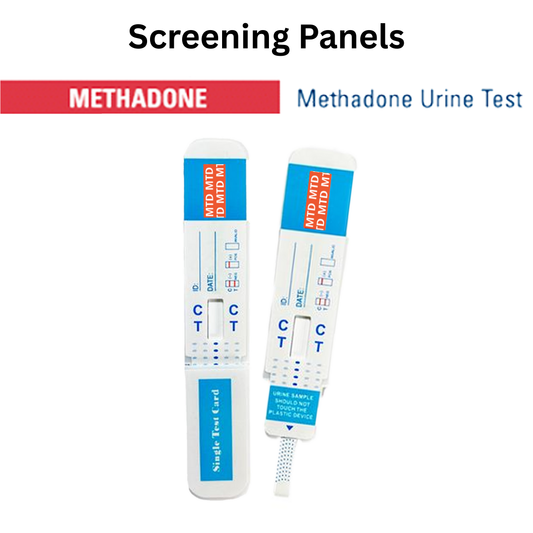 Front view of a single urine dip card labeled for Methadone screening designed for quick and reliable screening. Single-use test card with clear control and test line indicators.