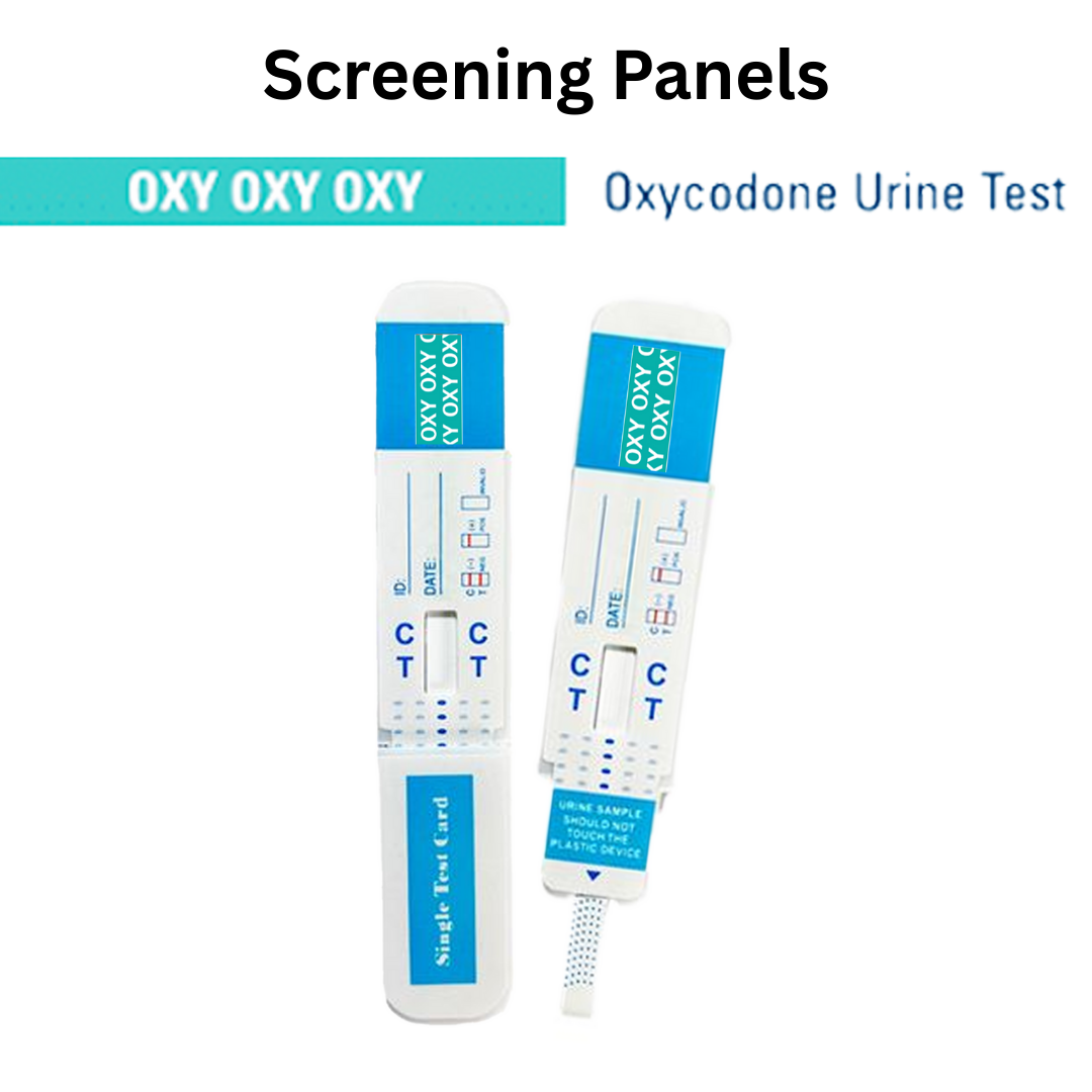 Front view of a single urine dip card labeled for OXY screening, designed for quick and reliable screening. Single-use test card with clear control and test line indicators.
