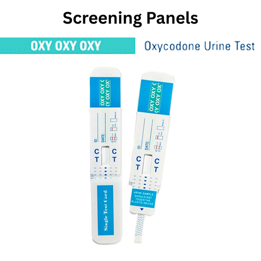 Front view of a single urine dip card labeled for OXY screening, designed for quick and reliable screening. Single-use test card with clear control and test line indicators.