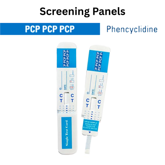 Front view of a single urine dip card labeled for PCP (Phencyclidine) detection, designed for quick and reliable screening. Single-use test card with clear control and test line indicators.