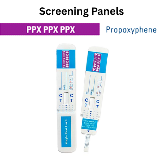 Front view of a single urine dip card labeled for PPX screening, designed for quick and reliable screening. Single-use test card with clear control and test line indicators.