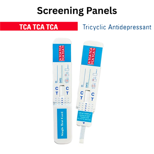 Front view of a single urine dip card labeled for TCA (Tricyclic Antidepressant) detection, designed for quick and reliable screening. Single-use test card with clear control and test line indicators.