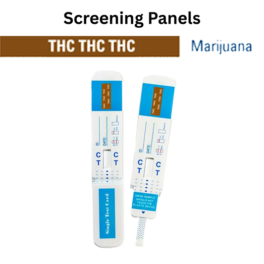 Front view of a single urine dip card labeled for THC (Marijuana) detection, designed for quick and reliable screening. Single-use test card with clear control and test line indicators.