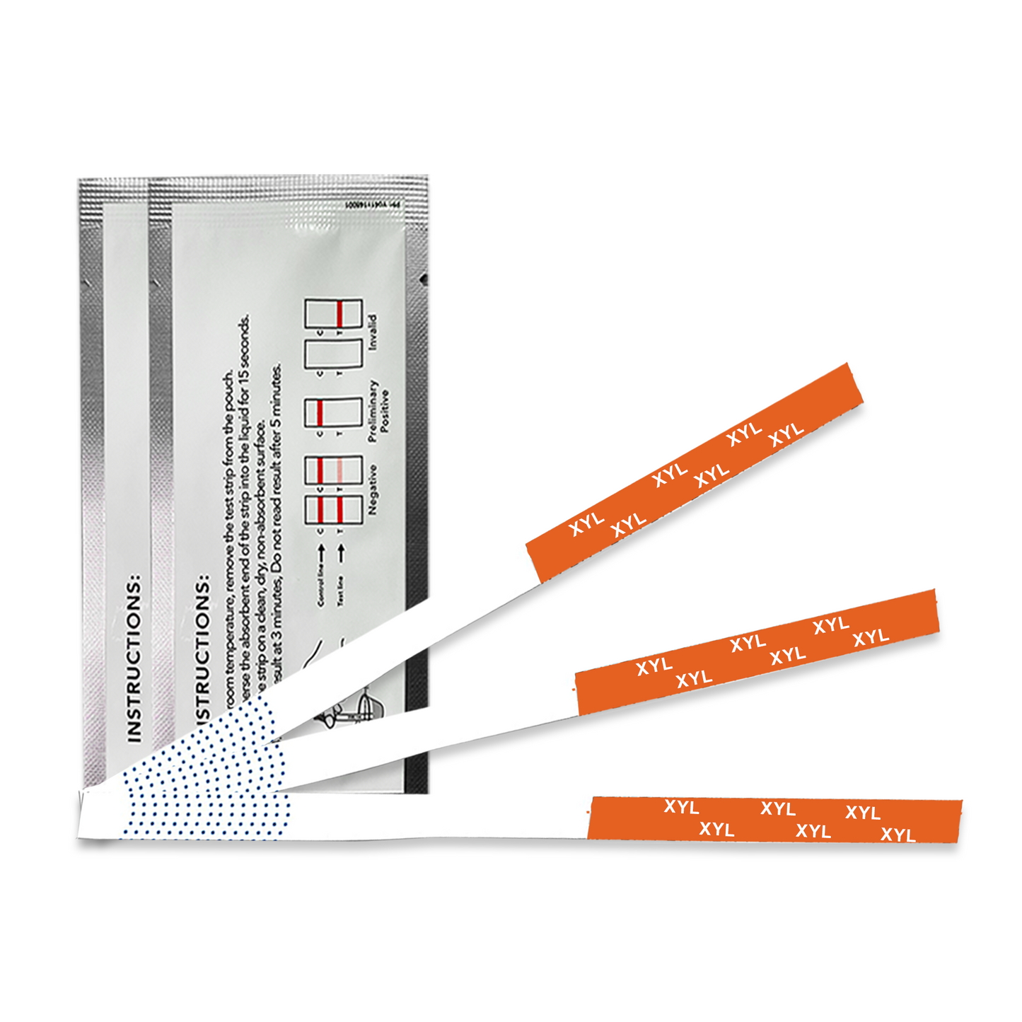 Front view of XYL single-use urine test strips with clear XYL labeling, displayed with three strips and sealed packaging featuring printed instructions and result guide. Designed for detecting XYL substances in urine, powders, and pills.