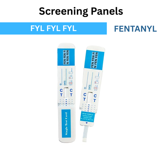 Fentanyl urine test strip labeled FYL, single-use screening device with visible control and test lines for clear and reliable results displayed on a white background