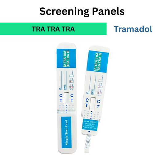 Front view of urine test dip card labeled for Tramadol (TRA) screening designed for quick and reliable screening. Single-use test card with clear control and test line indicators.