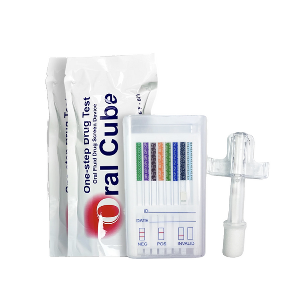 Front view of this one-step oral fluid screening kit with multi-panel saliva screening device with mouth swab for at-home and professional use