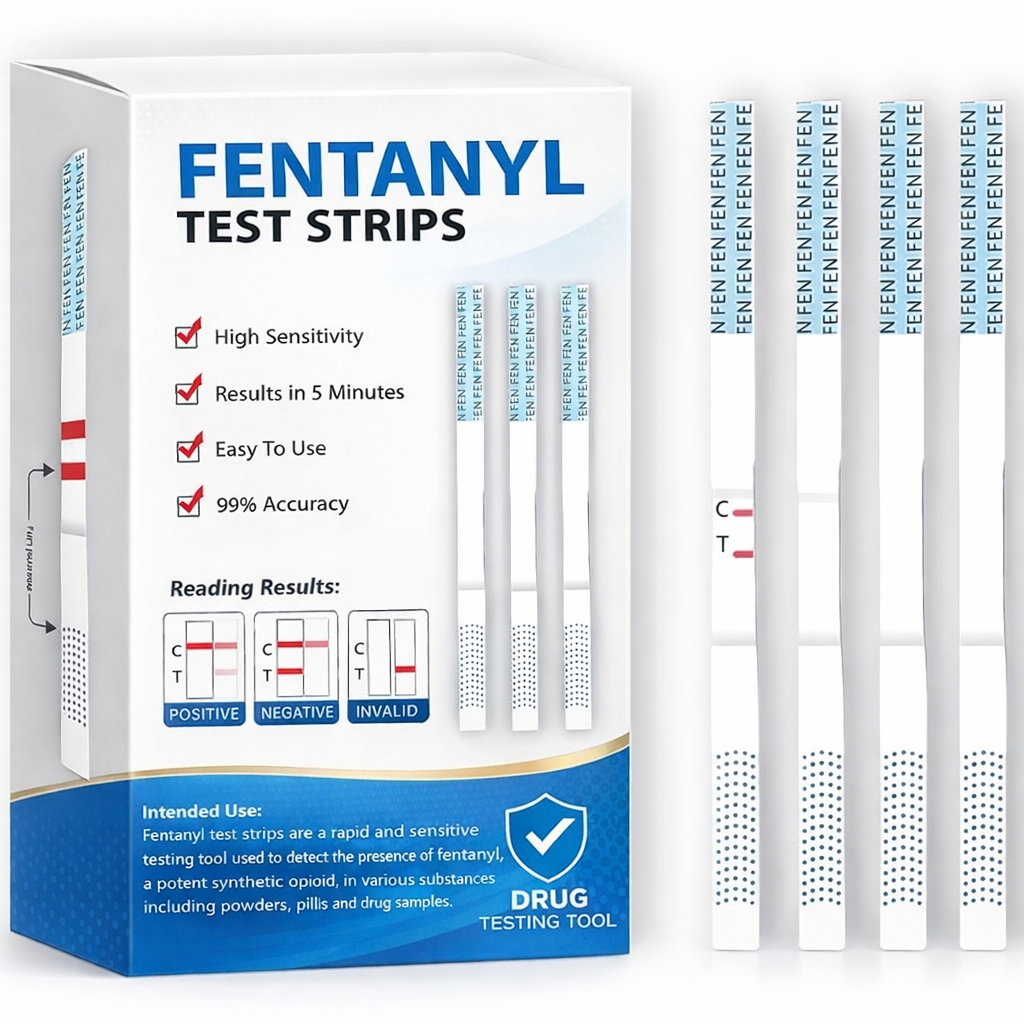 Front view of FYL screening strips packaging with product details on a white background