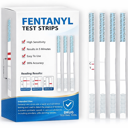 Front view of FYL screening strips packaging with product details on a white background