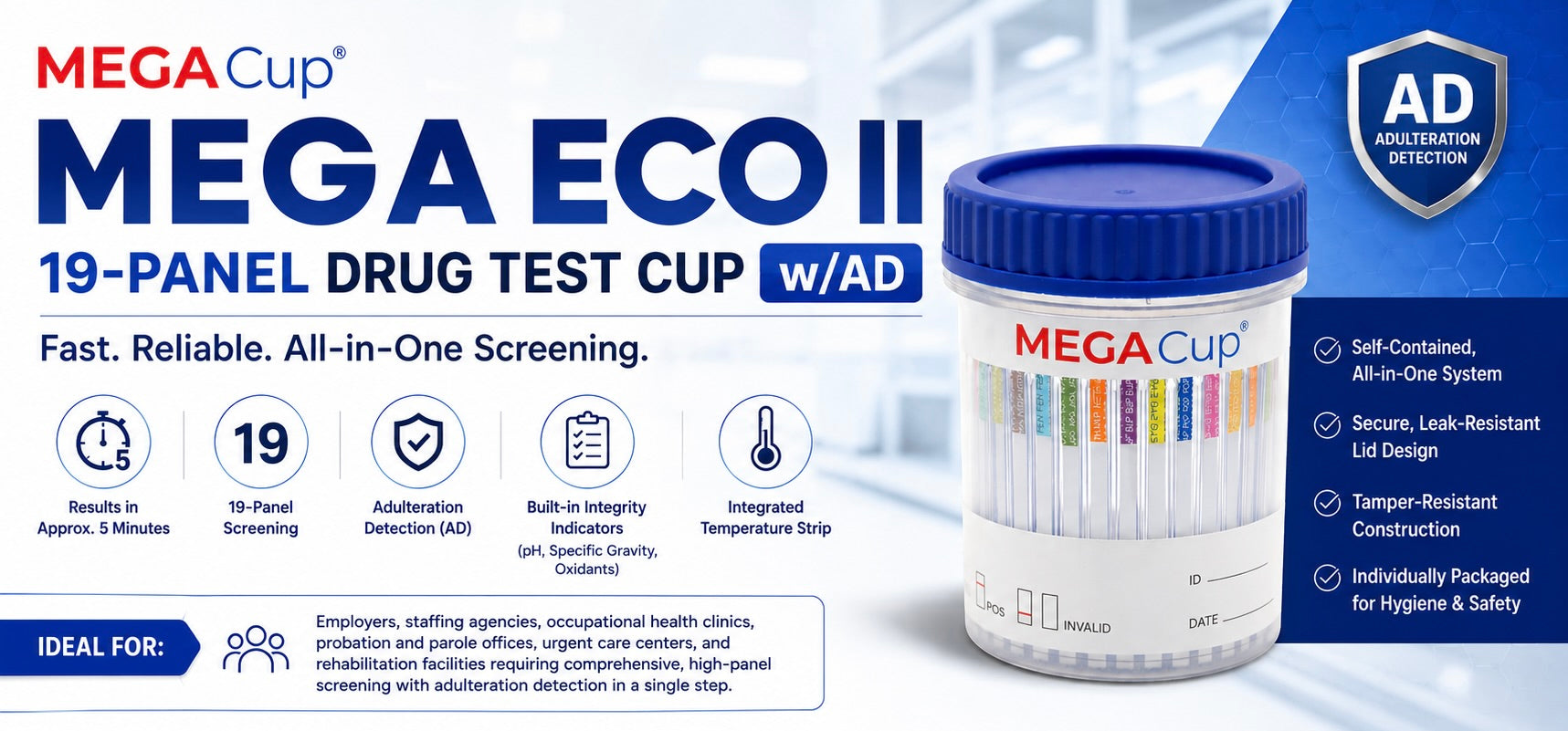 A 19-panel drug test cup w/AD by MEGA Eco II with a blue screw-top lid and clear plastic body, shown on a white background with large promotional text and feature callouts. Results in 5 mins, 19 panel, adulteration detection, built in integrity indicators, and integrated temperature strips. 