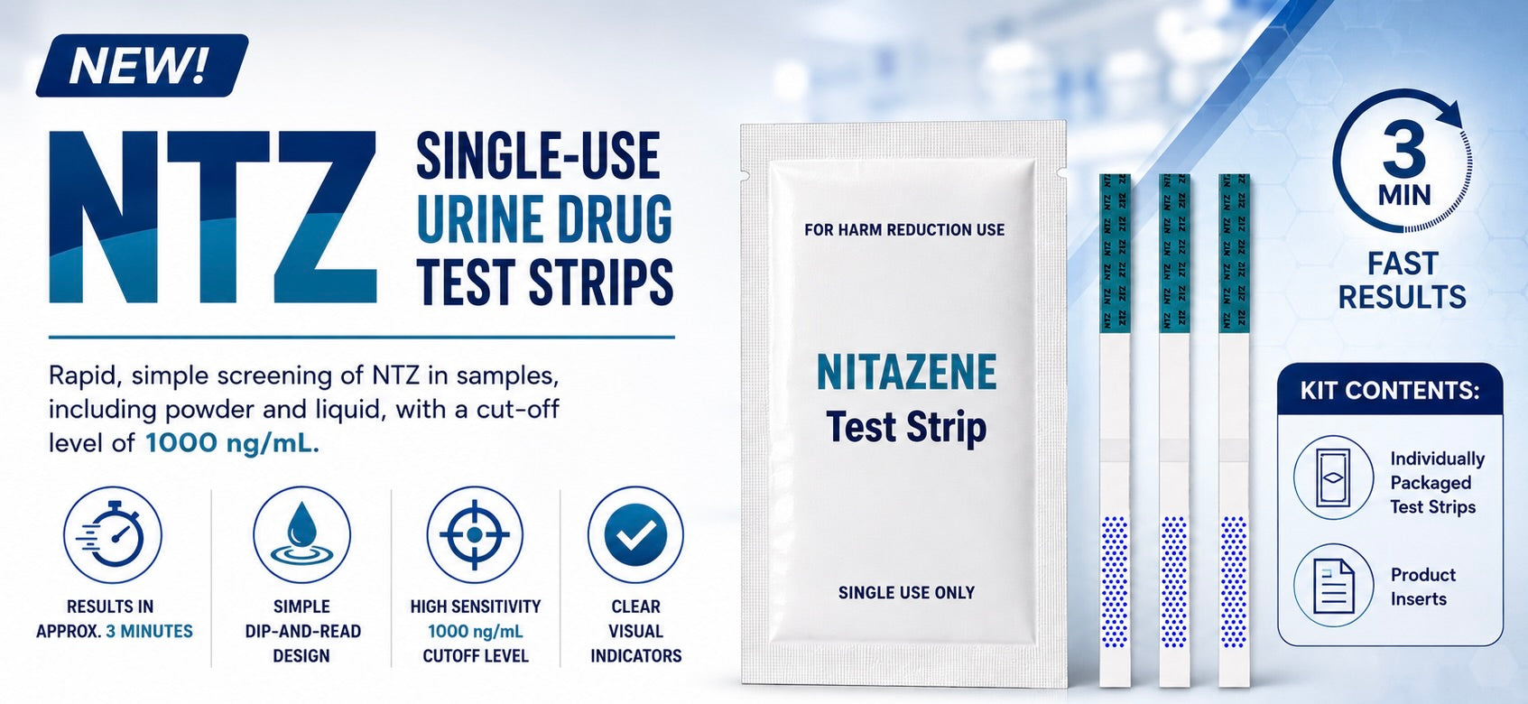 NTZ single-use urine test strips kit shown on a blue promotional background, including a white test strip packet, two test strips, and a kit contents panel. Text highlights rapid simple screening, high sensitivity, clear visual indicators, and fast results in 3 minutes.