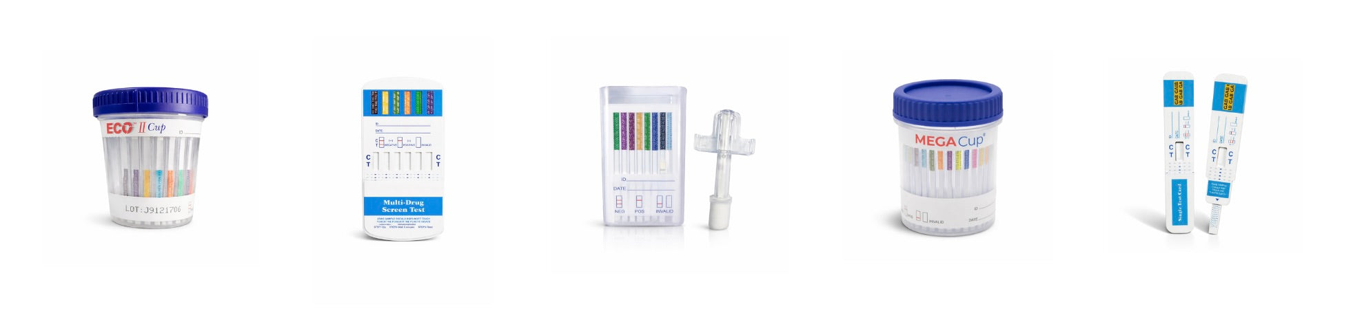 Collection of our screening products; urine cups, dip cards, and our swab tests on a white background