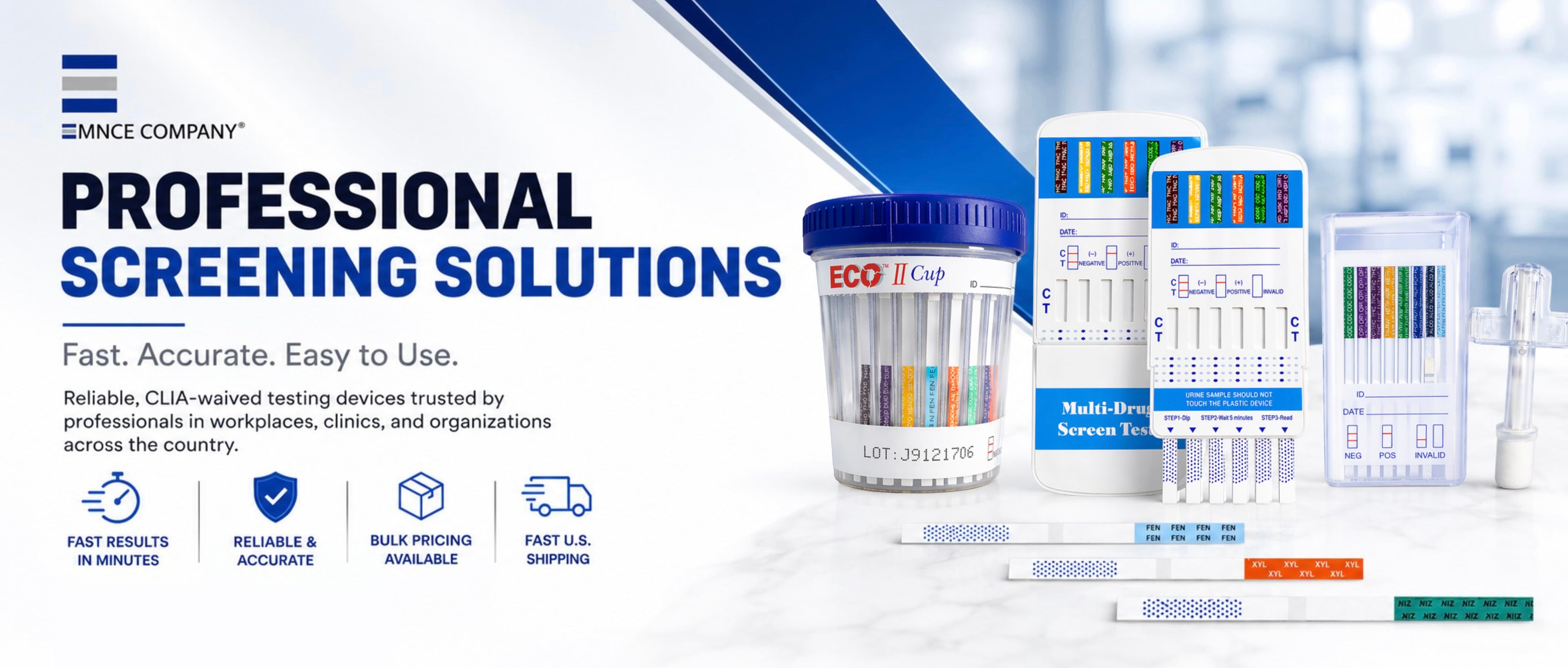 Promotional banner for EMCNE Company professional screening solutions, featuring multiple medical test strips, cups, and reagent blocks on a white and blue background with text highlighting fast, accurate, and easy-to-use results.