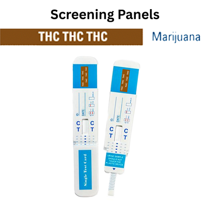 Front view of a single urine dip card labeled for THC (Marijuana) detection, designed for quick and reliable screening. Single-use test card with clear control and test line indicators.