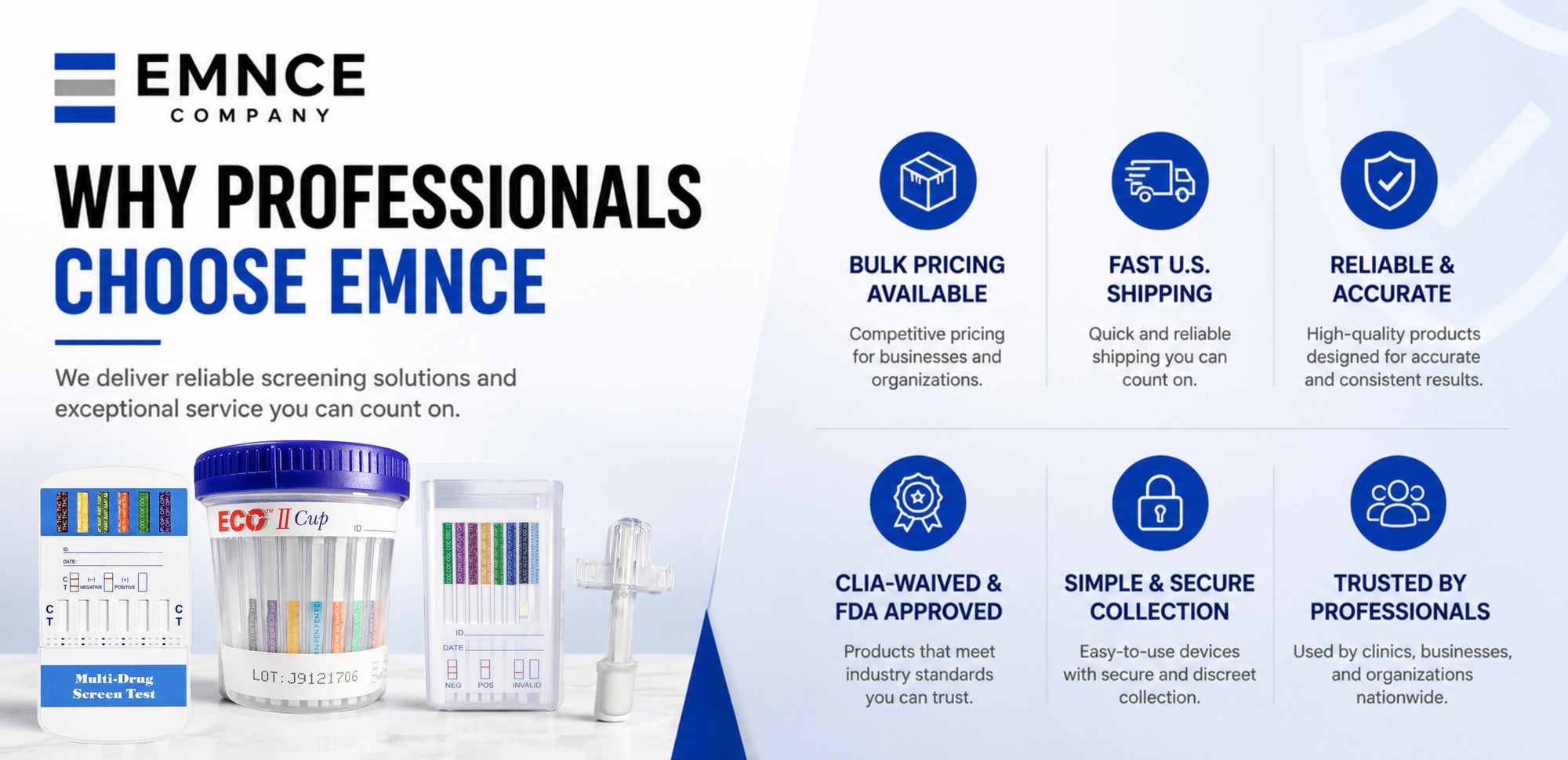 Promotional graphic for Emnce Company featuring a selection of clinical specimen collection devices, including a clear cup with a blue lid and several color-coded specimen tubes. The left side contains the Emnce Company logo and text reading 'WHY PROFESSIONALS CHOOSE EMNCE' with product images below.