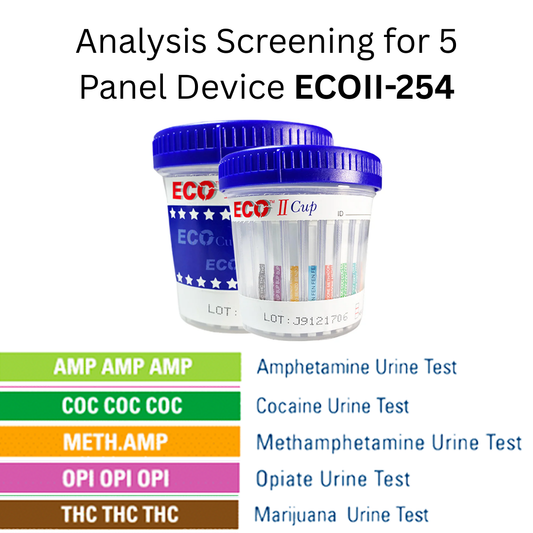 ECO II-254 urine test cups with labels for five different drug tests on a white background. Detects AMP, COC, METH.AMO, OPI, and THC.